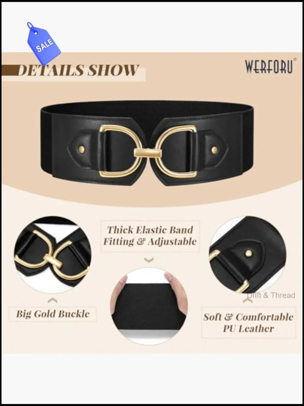 Wide Elastic Belt with Large Gold Buckle Faux Leather Stretchy Thick Dress Belt